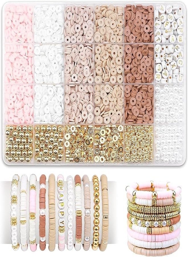 DGOOLS Clay Disc Beads Jewellery Making Kit, 3000+ Pieces, Heishi Beads with Gold Spacers and Pearls, Pink White Nude Brown Colours - Image 1